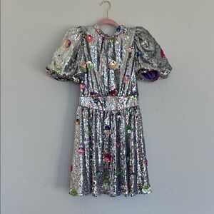 Celia B Sparkling Sequin Floral Dress with Puff Sleeves